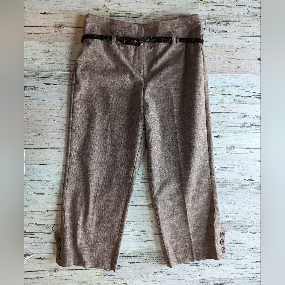 Harve Benard Linen Look Capris Paper Bag Waist with Belt Size 6 Heathered Brown